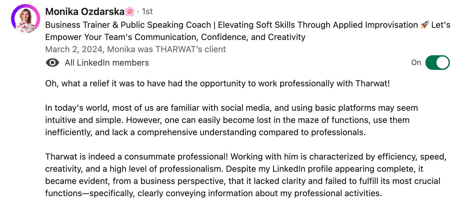 Monika review to Tharwat Abdelmoati LinkedIn optimization