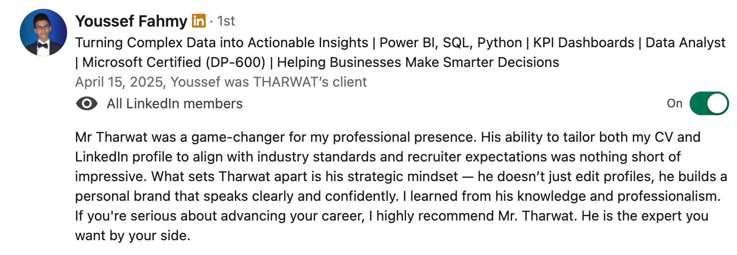 Youssef review to Tharwat Abdelmoati LinkedIn optimization
