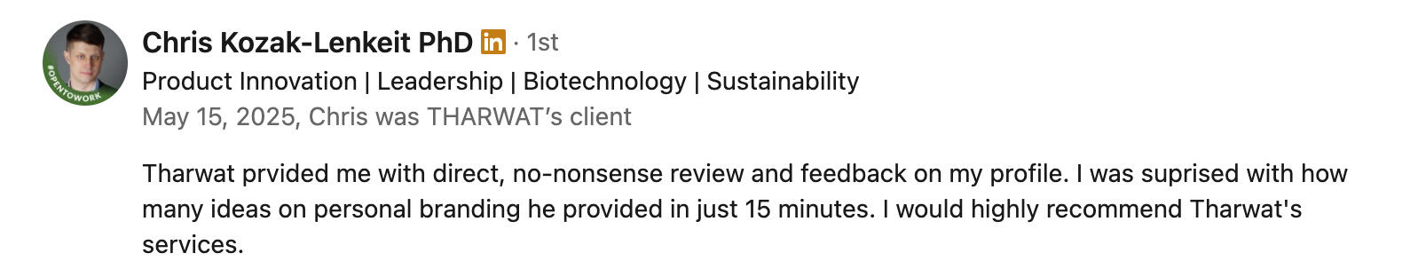 Chris review to Tharwat Abdelmoati LinkedIn optimization