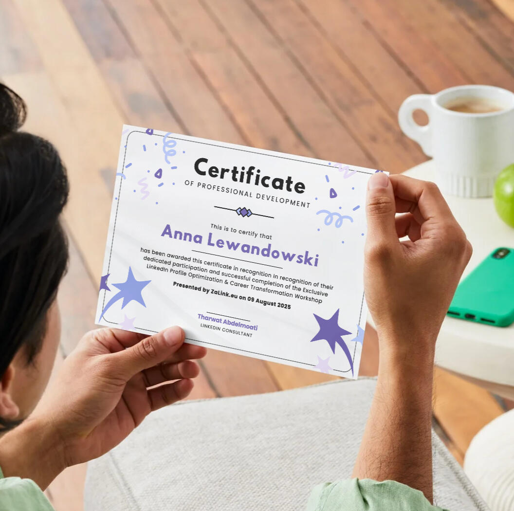 LinkedIn Profile Certification A women holding a certificate of complteting Exclusive LinkedIn Profile Optimization & Career Transformation Workshop